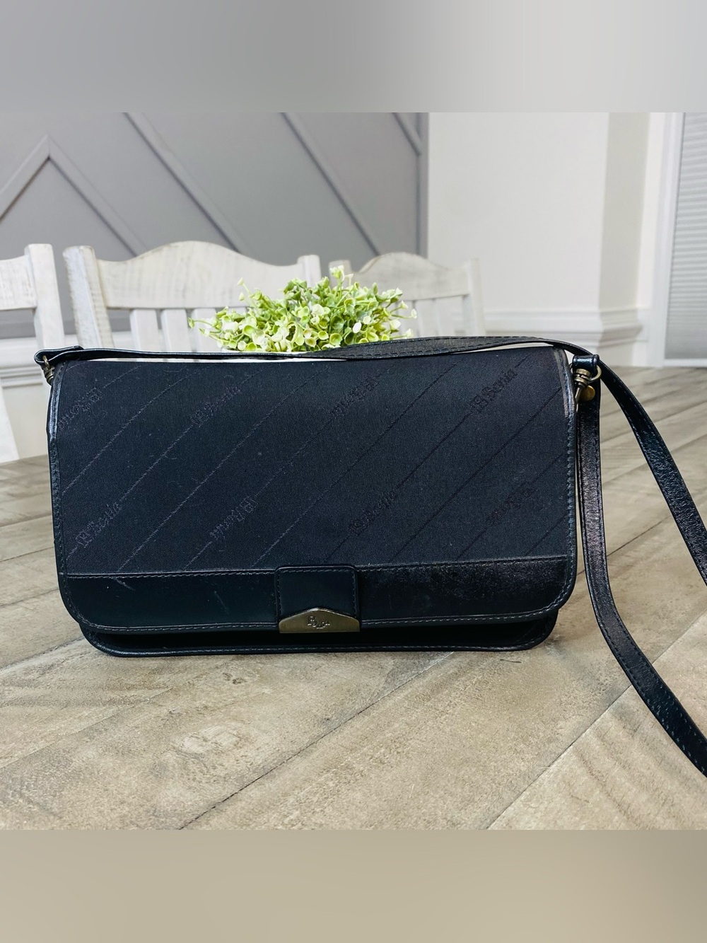 Vintage BONIA Black Monogram Canvas Leather Trim Crossbody Shoulder Bag